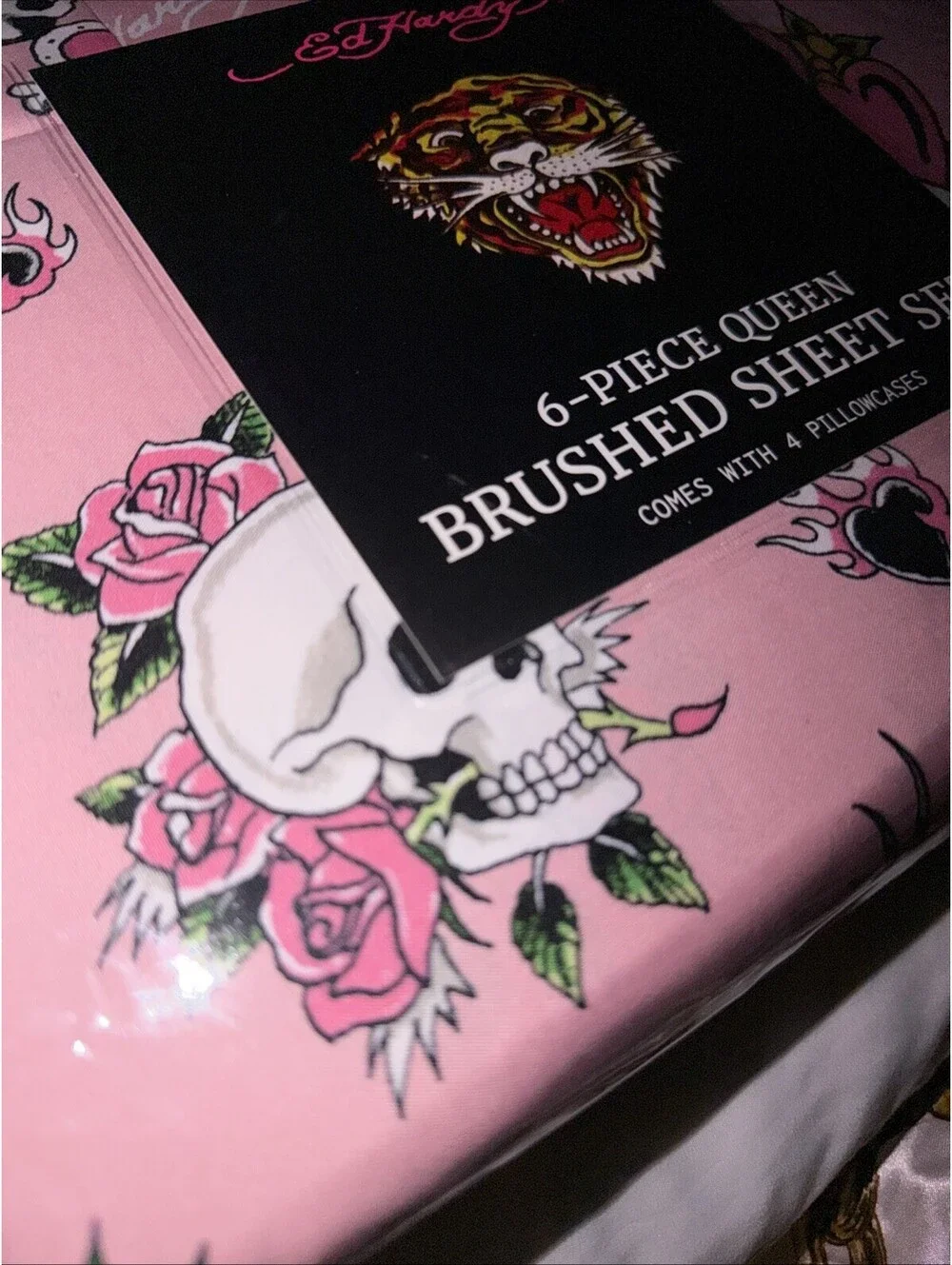 ED HARDY Queen Pink Sheet Set 6pc New Flowers Skull Roses Heart Grunge Y2K